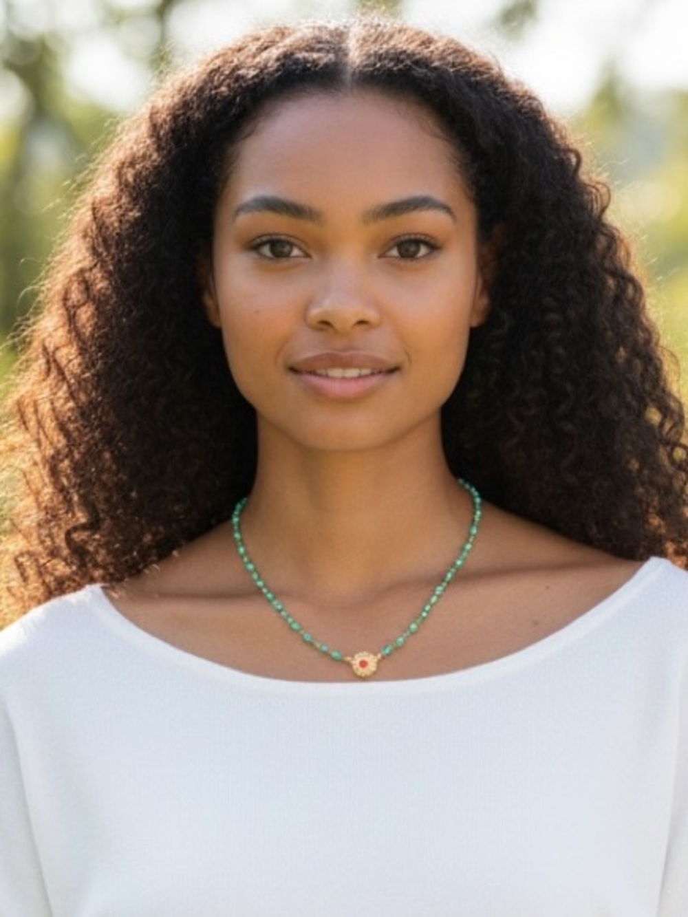 Plunder Teal Beaded Necklace with Floral Porcelain Medallion and Gold Accents